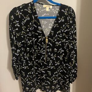 Michael Kors Black Floral Blouse with Gold Zipper